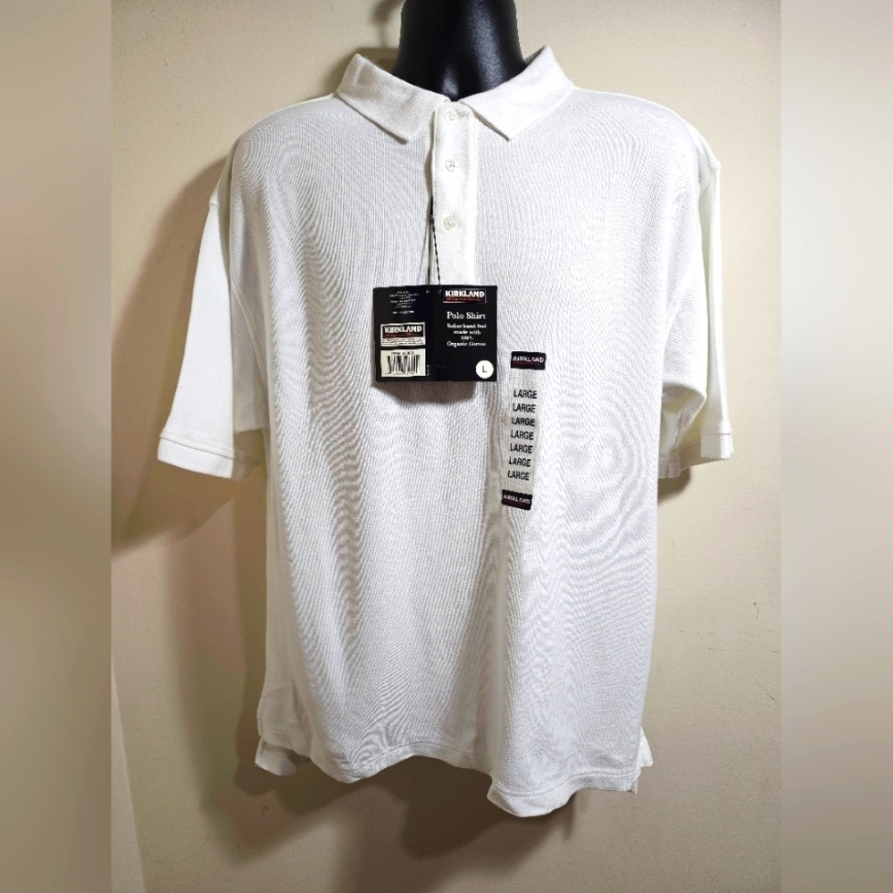 NEW Kirkland Signature Men's White Polo Shirt Large Organic Cotton